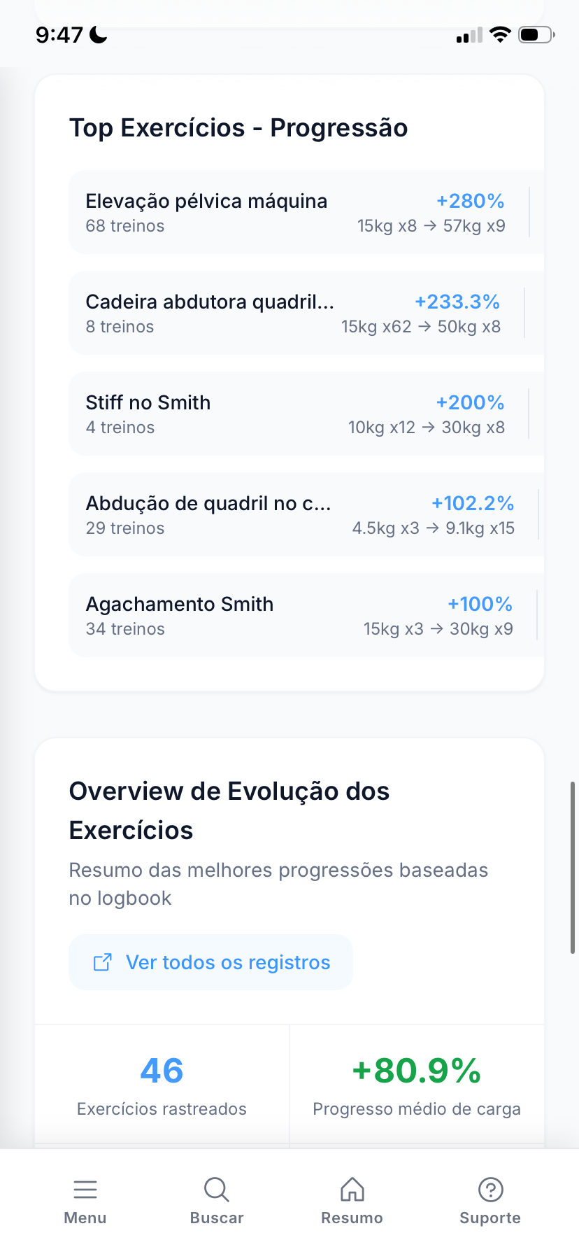 Tela real do aplicativo mostrando progressão de carga