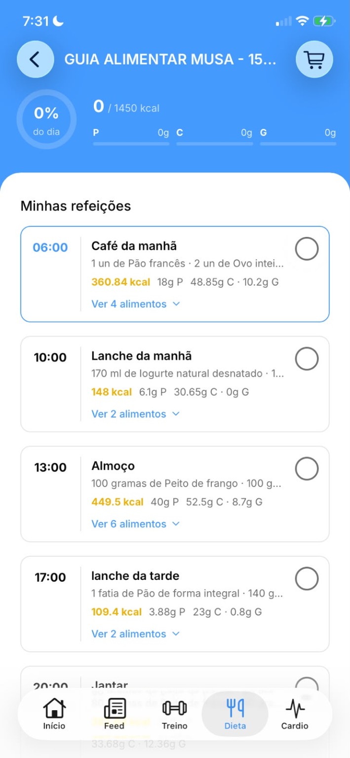 Tela real do aplicativo com o guia alimentar, refeições e acompanhamento diário
