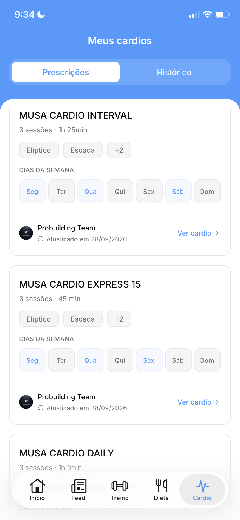 Protocolos de cardio dentro do aplicativo